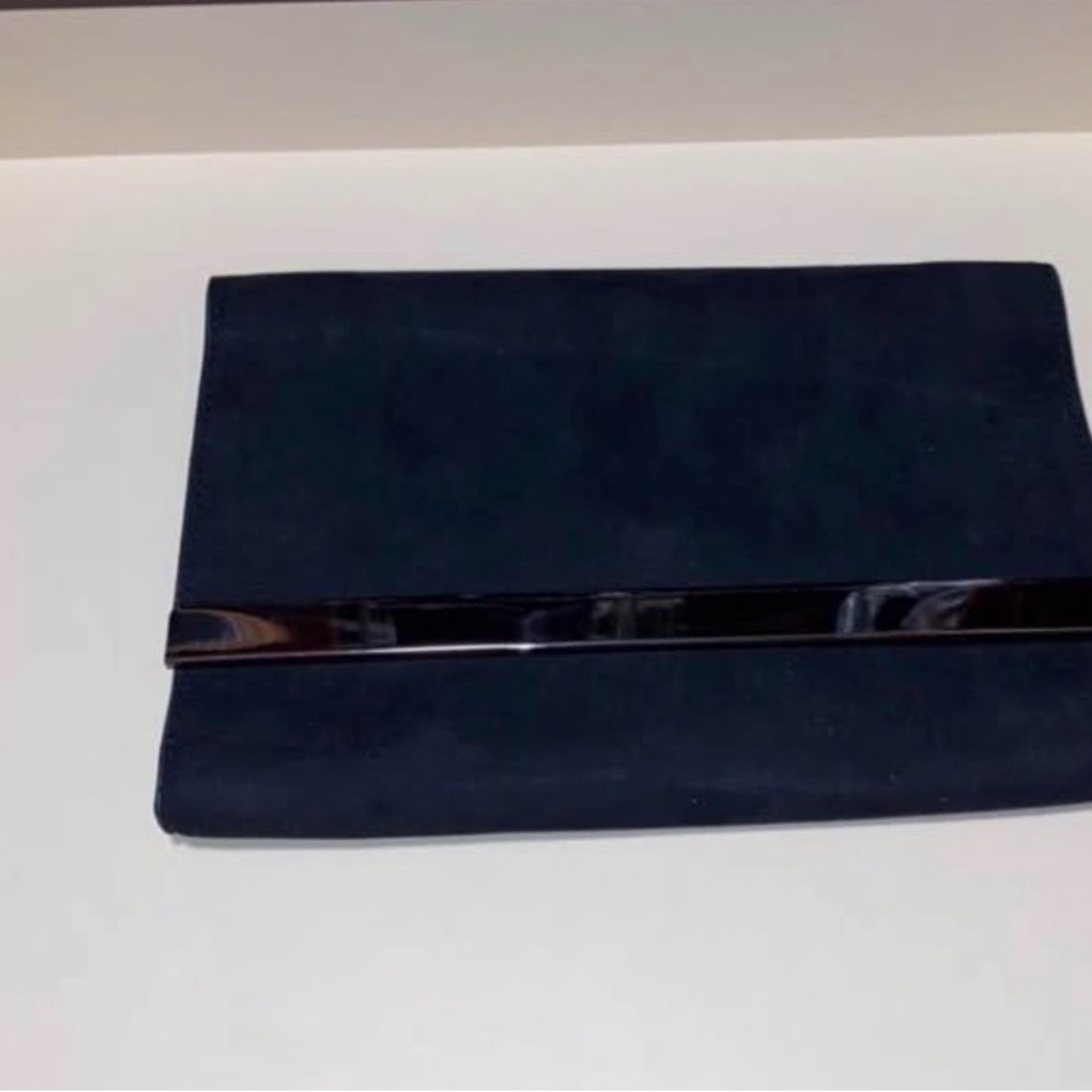 Navy Suede Fold-Over Clutch with Patent Trim